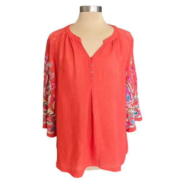 Christopher & Banks Orange Paisley Embroidered Top Sleeves Lace Shoulder LARGE - Picture 1 of 10